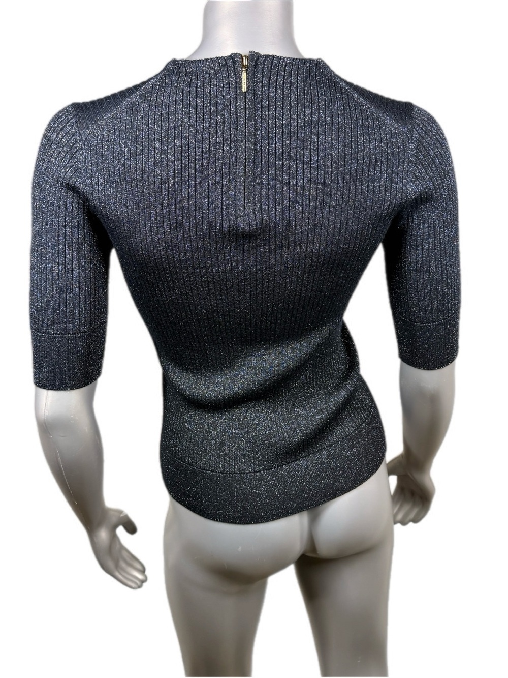 Tory Burch | Navy Blue Ribbed Short-Sleeve Metallic Knit Top - Silver Sparkle - Picture 6 of 14